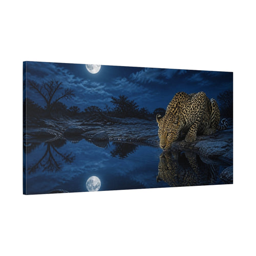 Main Mockup. Animals Moonlit Leopard At Waterhole shown as canvas print