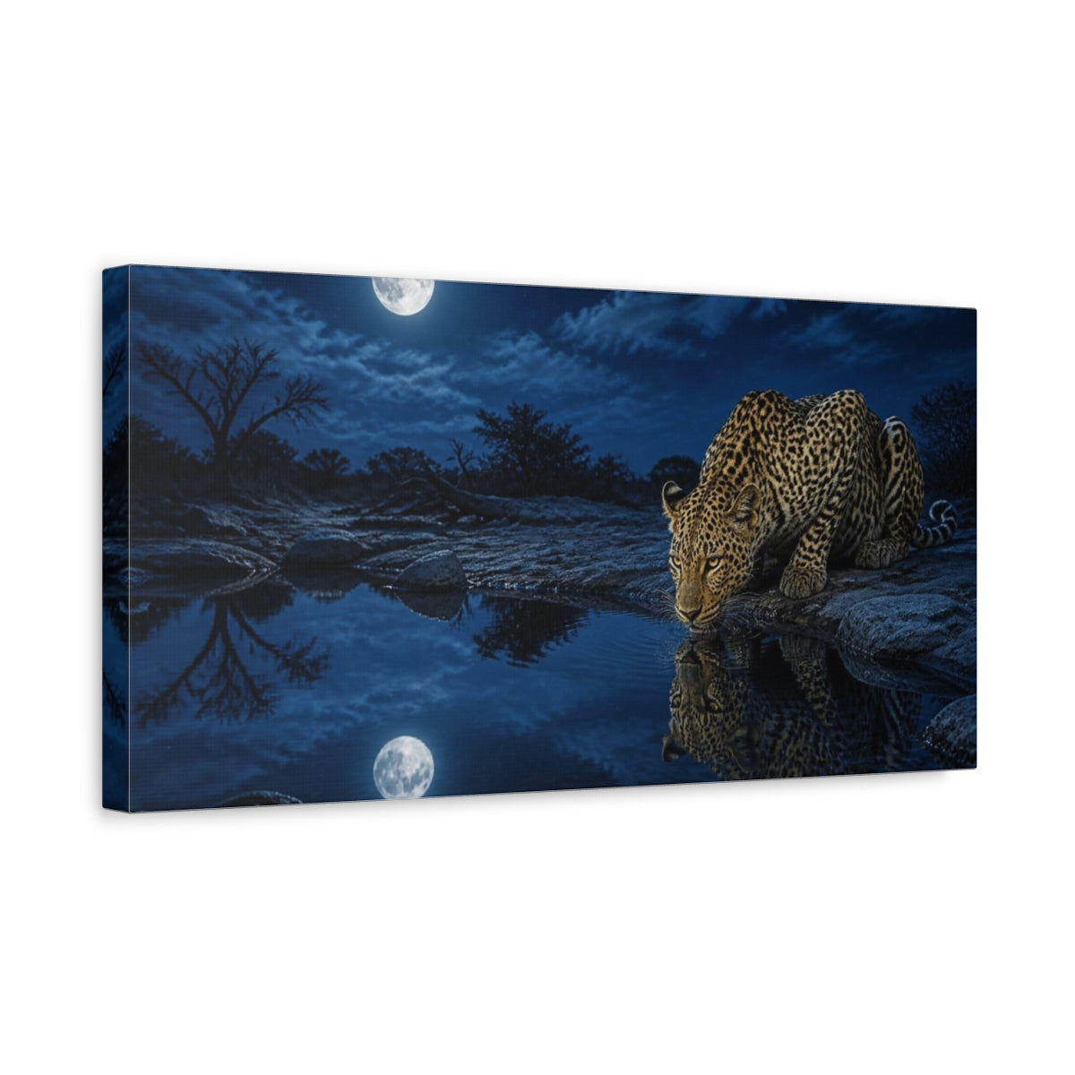 Side Mockup 3. Animals Moonlit Leopard At Waterhole shown as canvas print