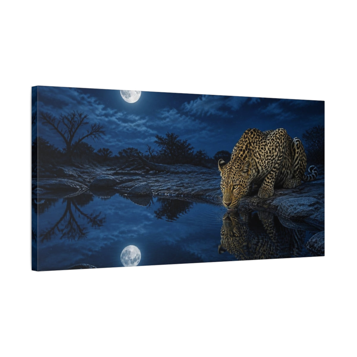 Side Mockup 1. Animals Moonlit Leopard At Waterhole shown as canvas print