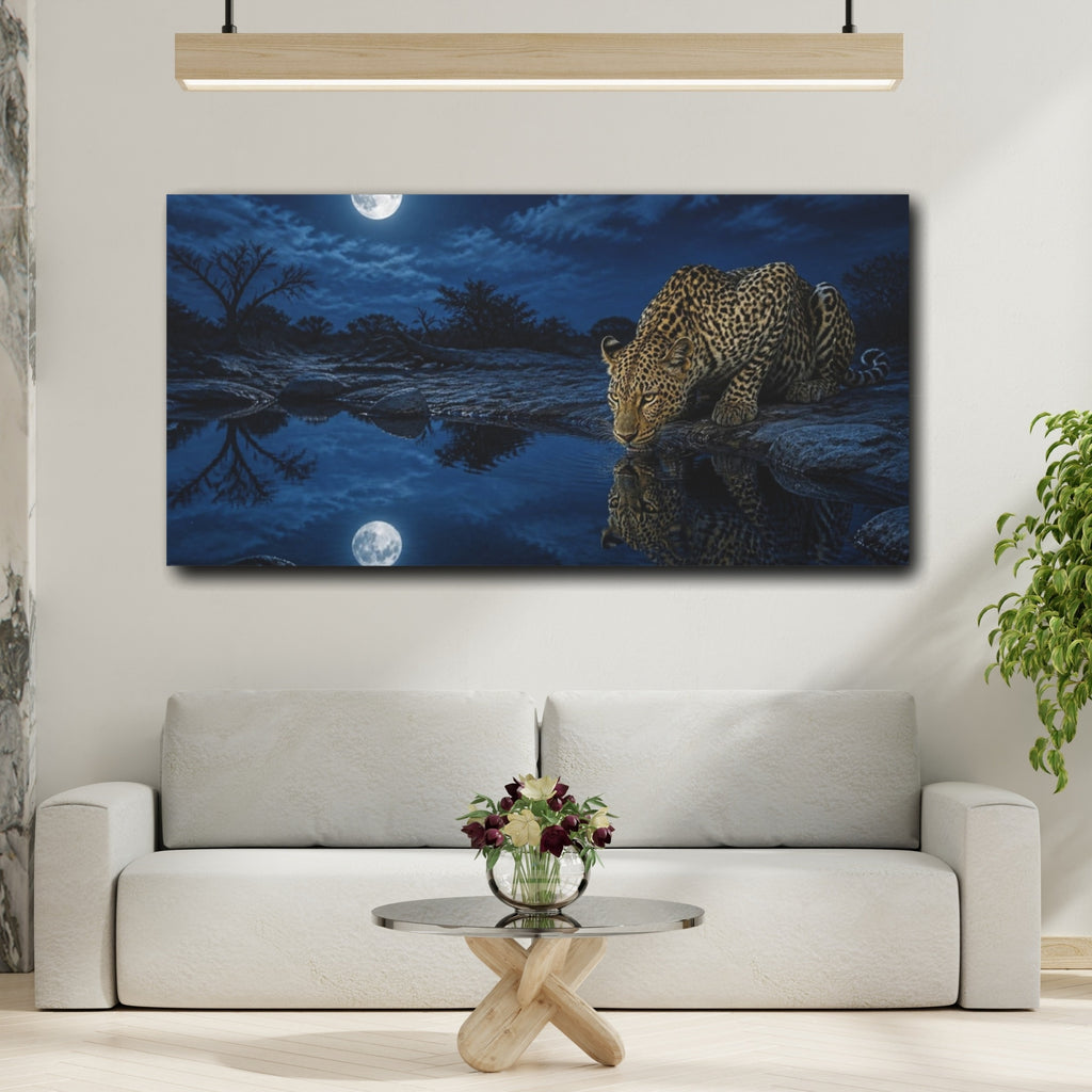 Mockup 2. Animals Moonlit Leopard At Waterhole shown as canvas print