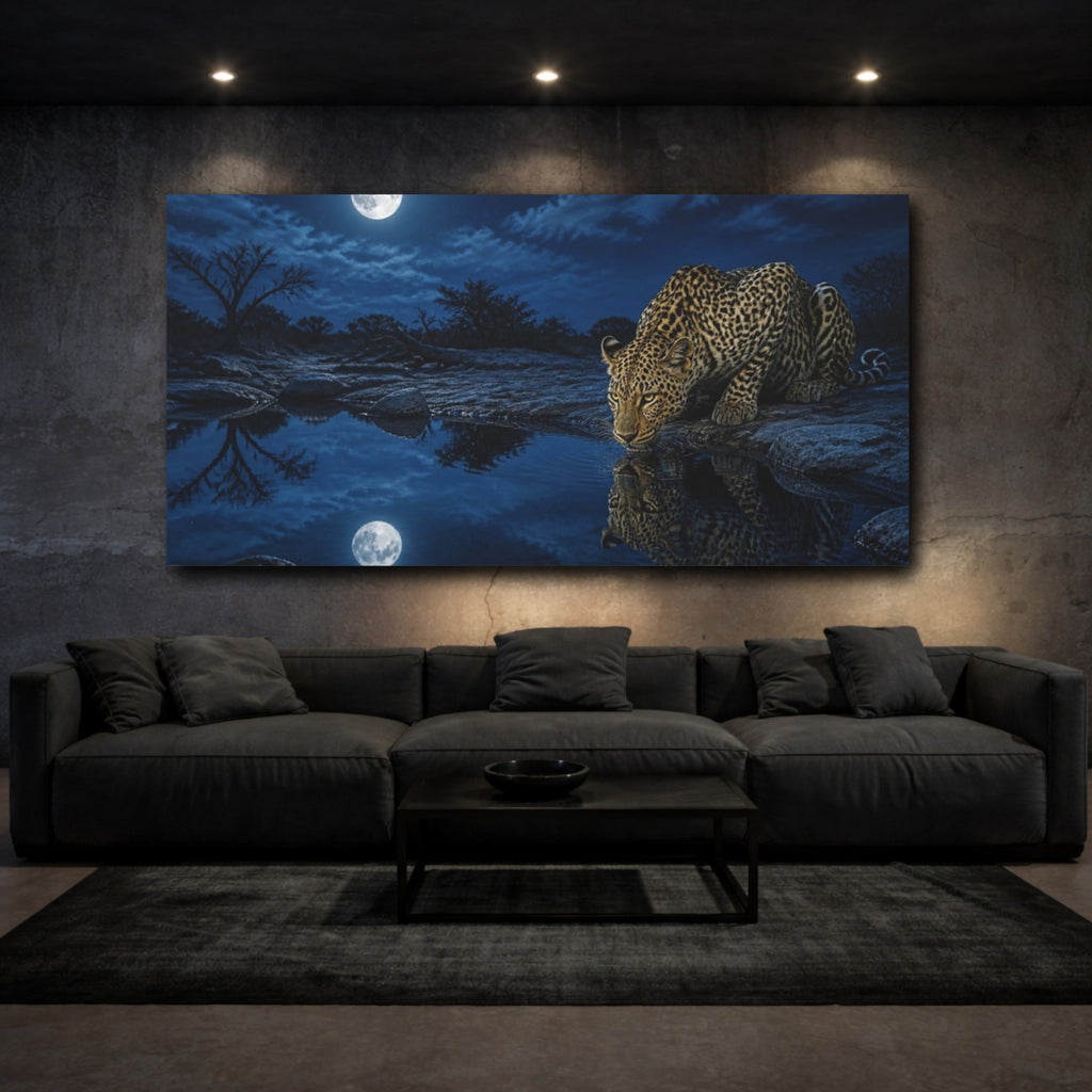 Mockup 3. Animals Moonlit Leopard At Waterhole shown as canvas print