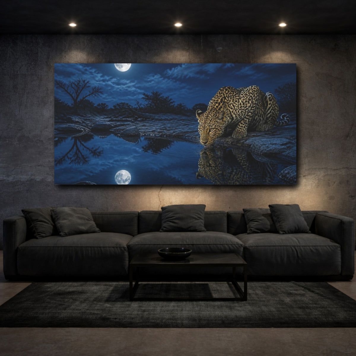 Mockup 3. Animals Moonlit Leopard At Waterhole shown as canvas print