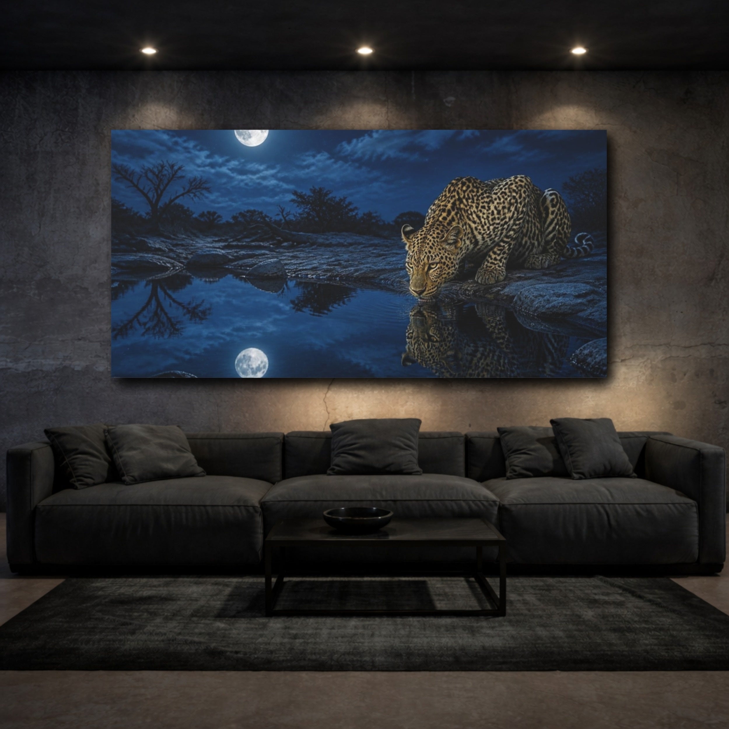 Mockup 3. Animals Moonlit Leopard At Waterhole shown as canvas print