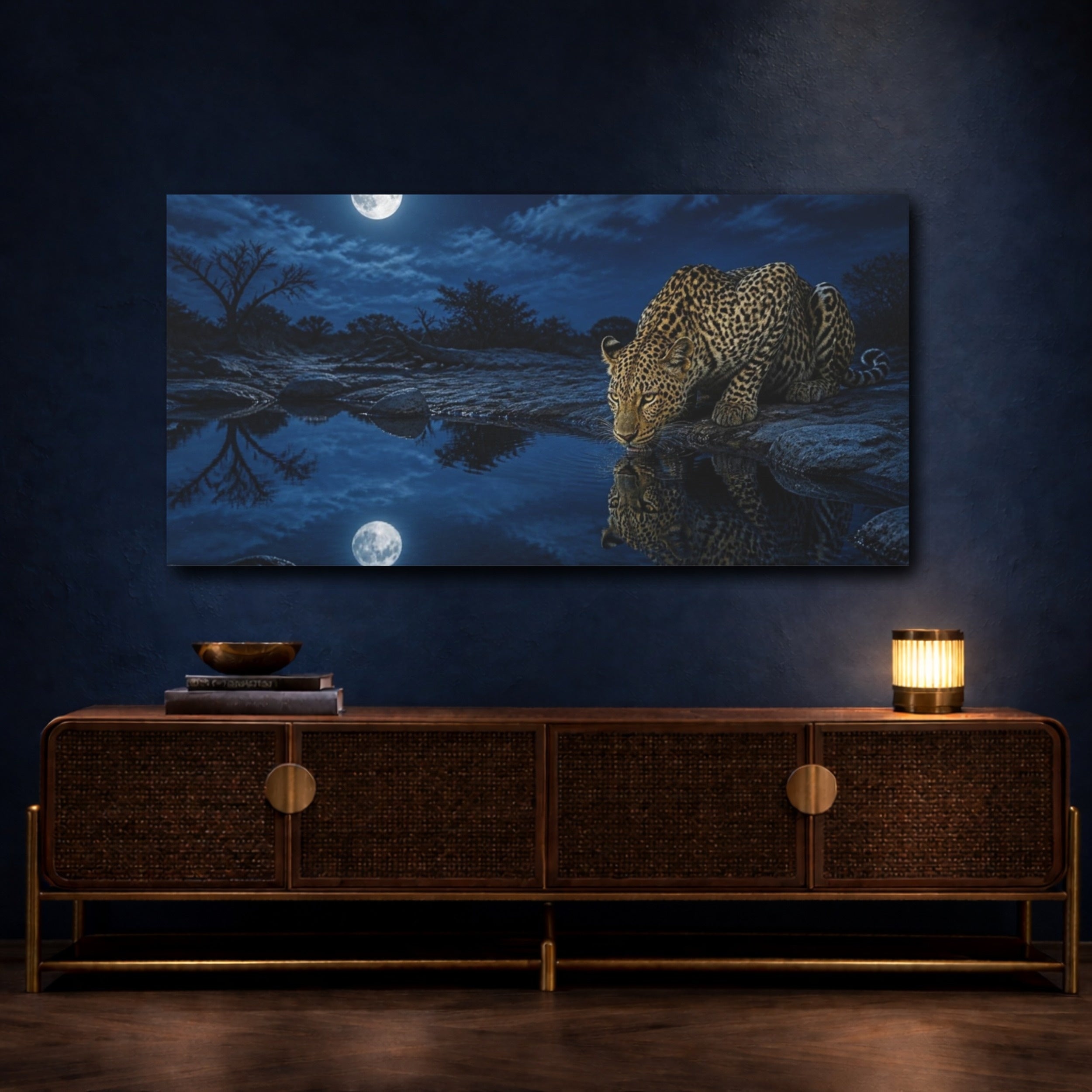 Mockup 4. Animals Moonlit Leopard At Waterhole shown as canvas print