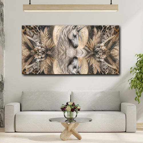 Mockup 2. Animals Moonlit Unicorn Portrait shown as canvas print