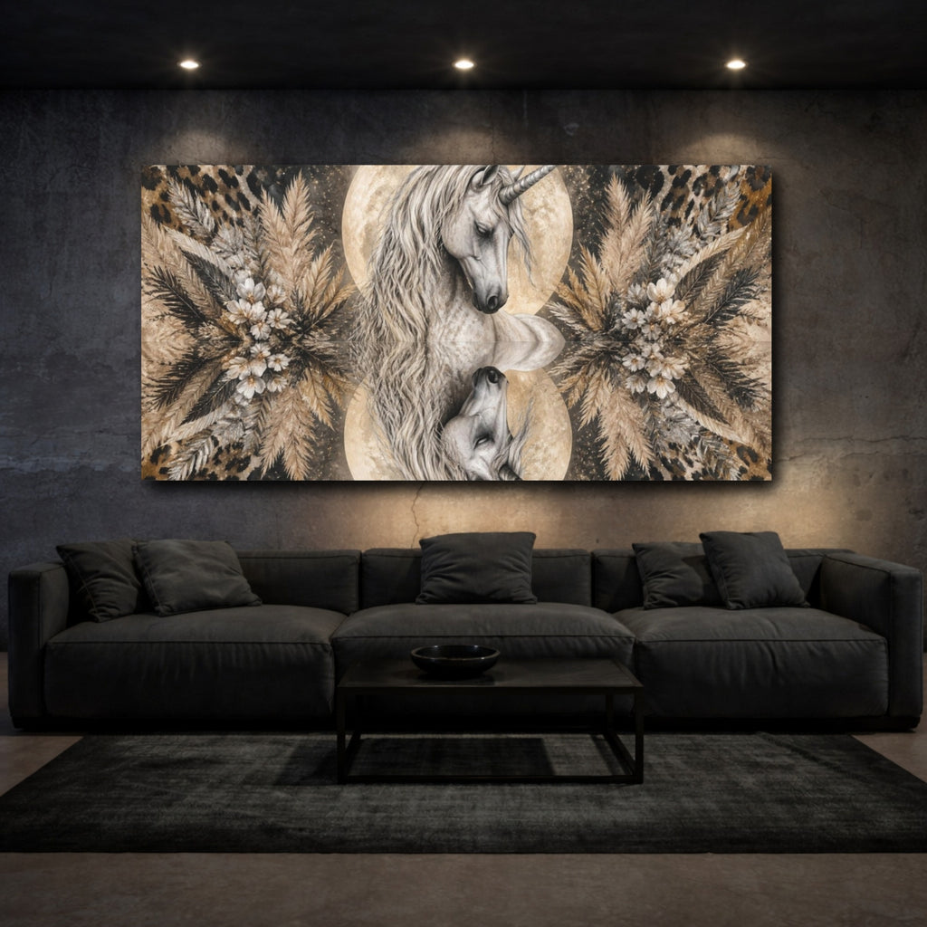 Mockup 3. Animals Moonlit Unicorn Portrait shown as canvas print