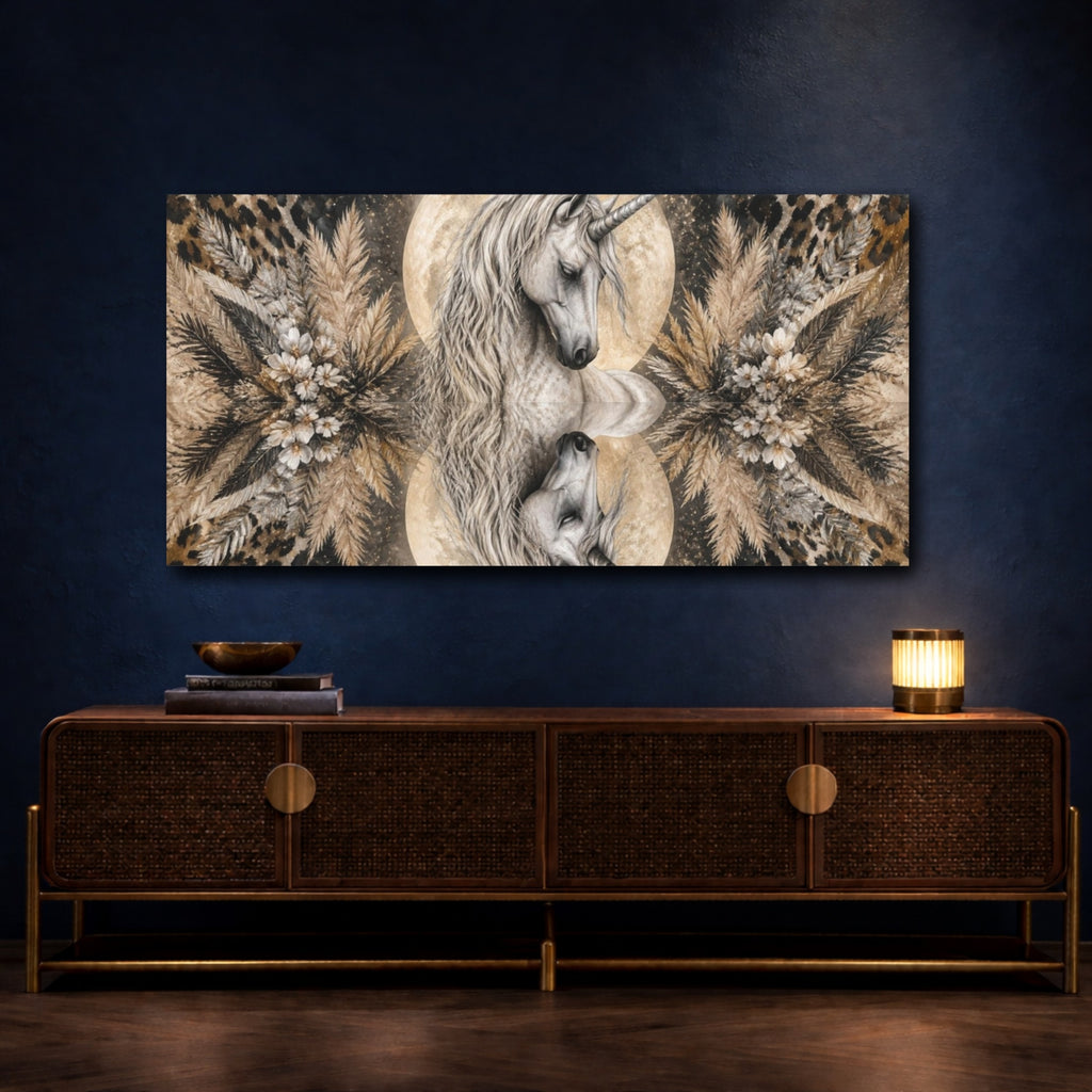 Mockup 4. Animals Moonlit Unicorn Portrait shown as canvas print