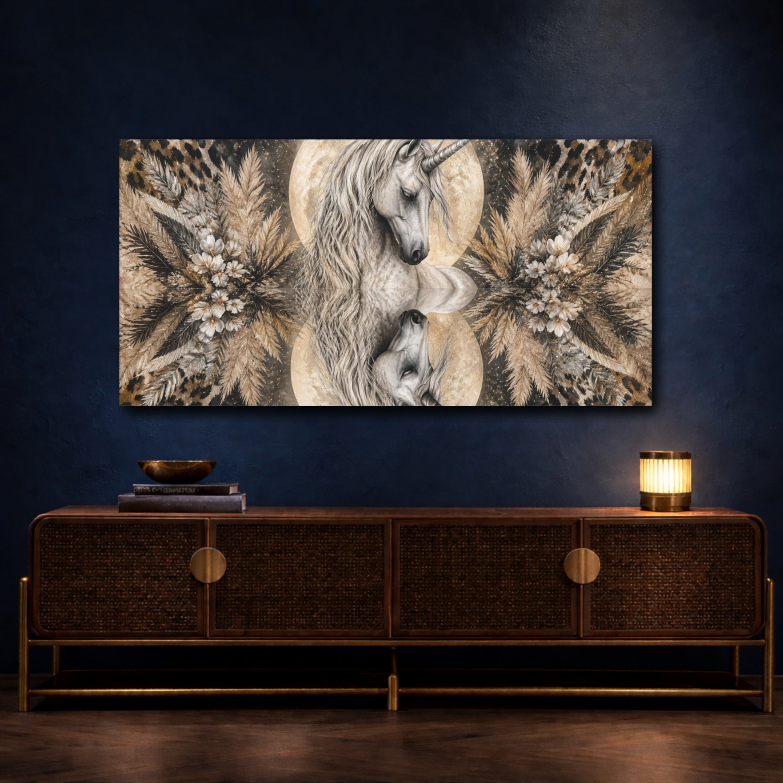 Mockup 4. Animals Moonlit Unicorn Portrait shown as canvas print
