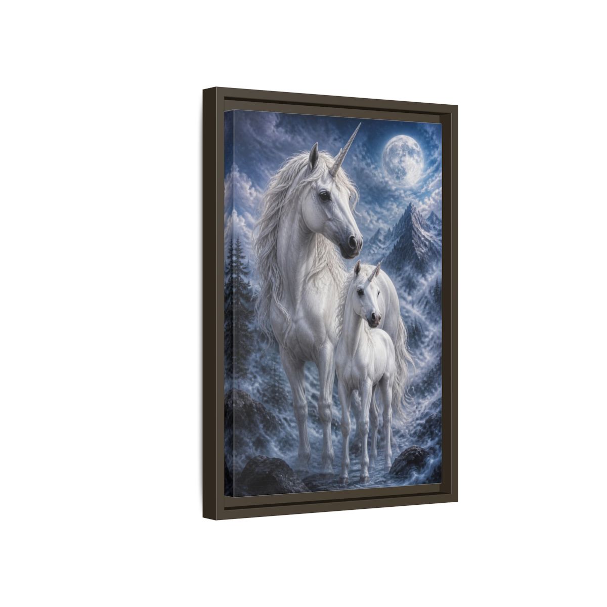 Side Mockup 5. Animals Moonlit White Unicorns shown as framed canvas print
