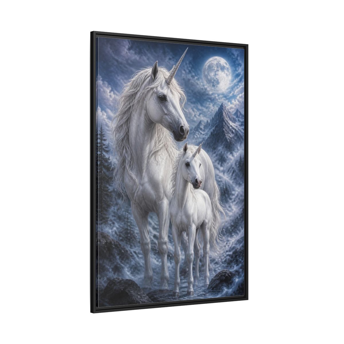 Side Mockup 12. Animals Moonlit White Unicorns shown as framed canvas print