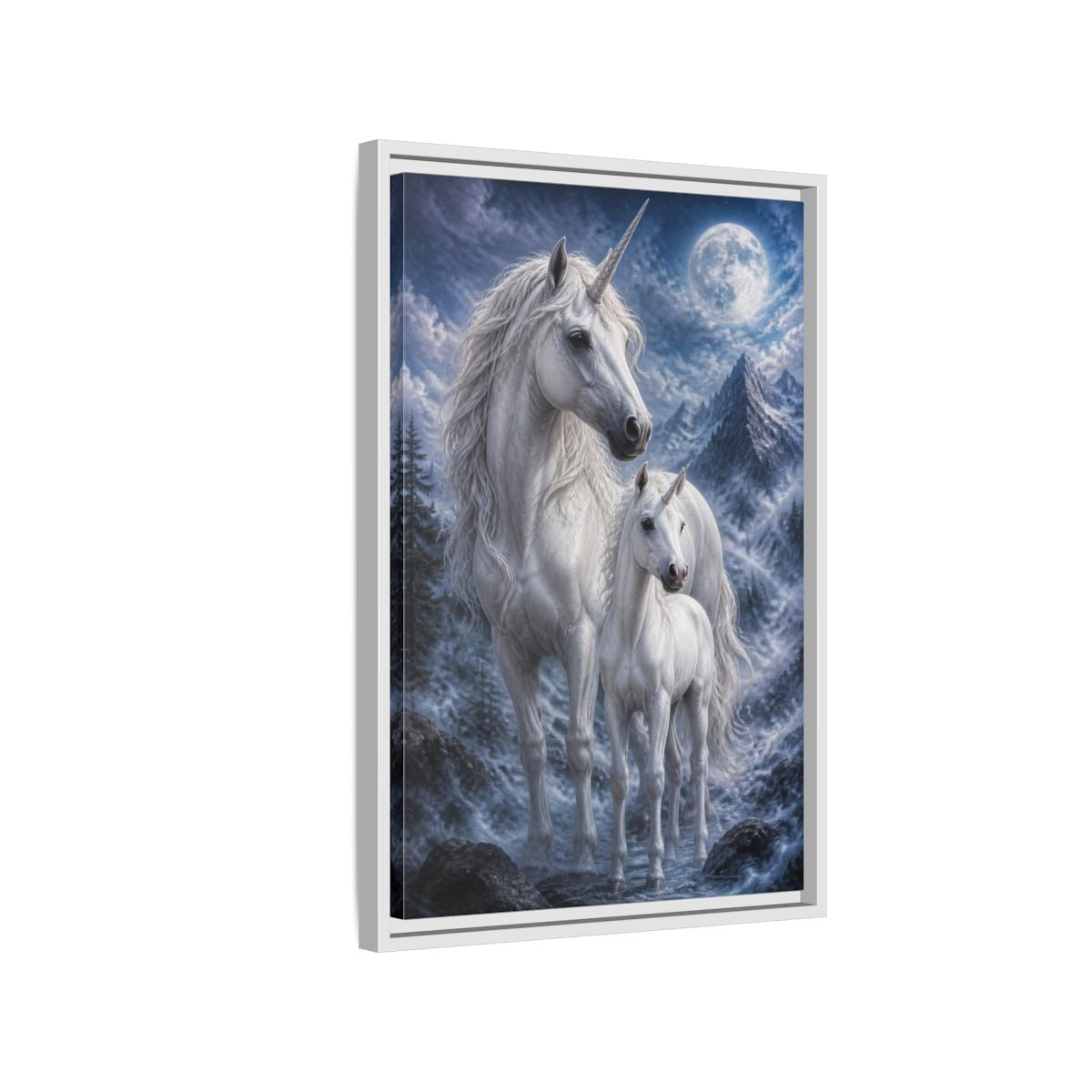 Side Mockup 1. Animals Moonlit White Unicorns shown as framed canvas print
