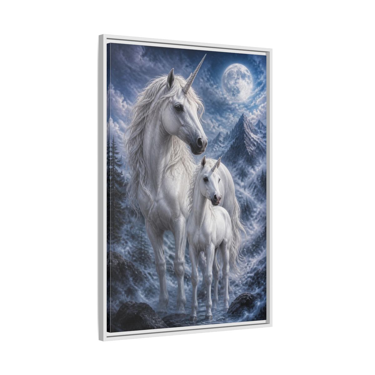 Side Mockup 9. Animals Moonlit White Unicorns shown as framed canvas print