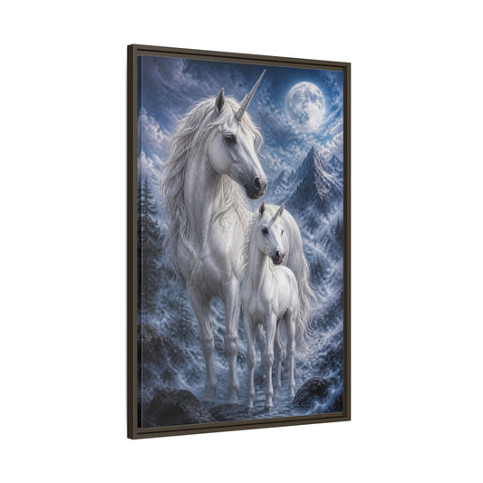 Main Mockup. Animals Moonlit White Unicorns shown as framed canvas print