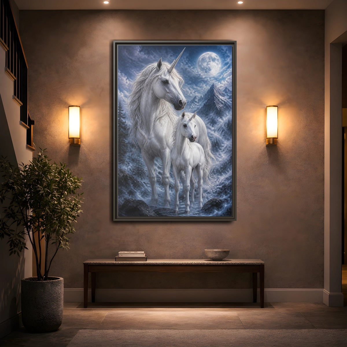 Mockup 2. Animals Moonlit White Unicorns shown as framed canvas print