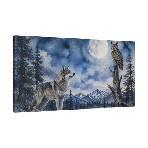 Main Mockup. Animals Moonlit Wolf And Owl shown as canvas print