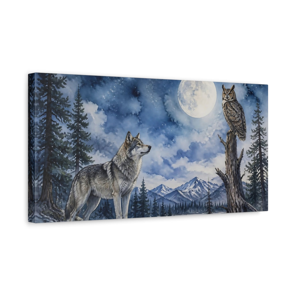 Side Mockup 3. Animals Moonlit Wolf And Owl shown as canvas print