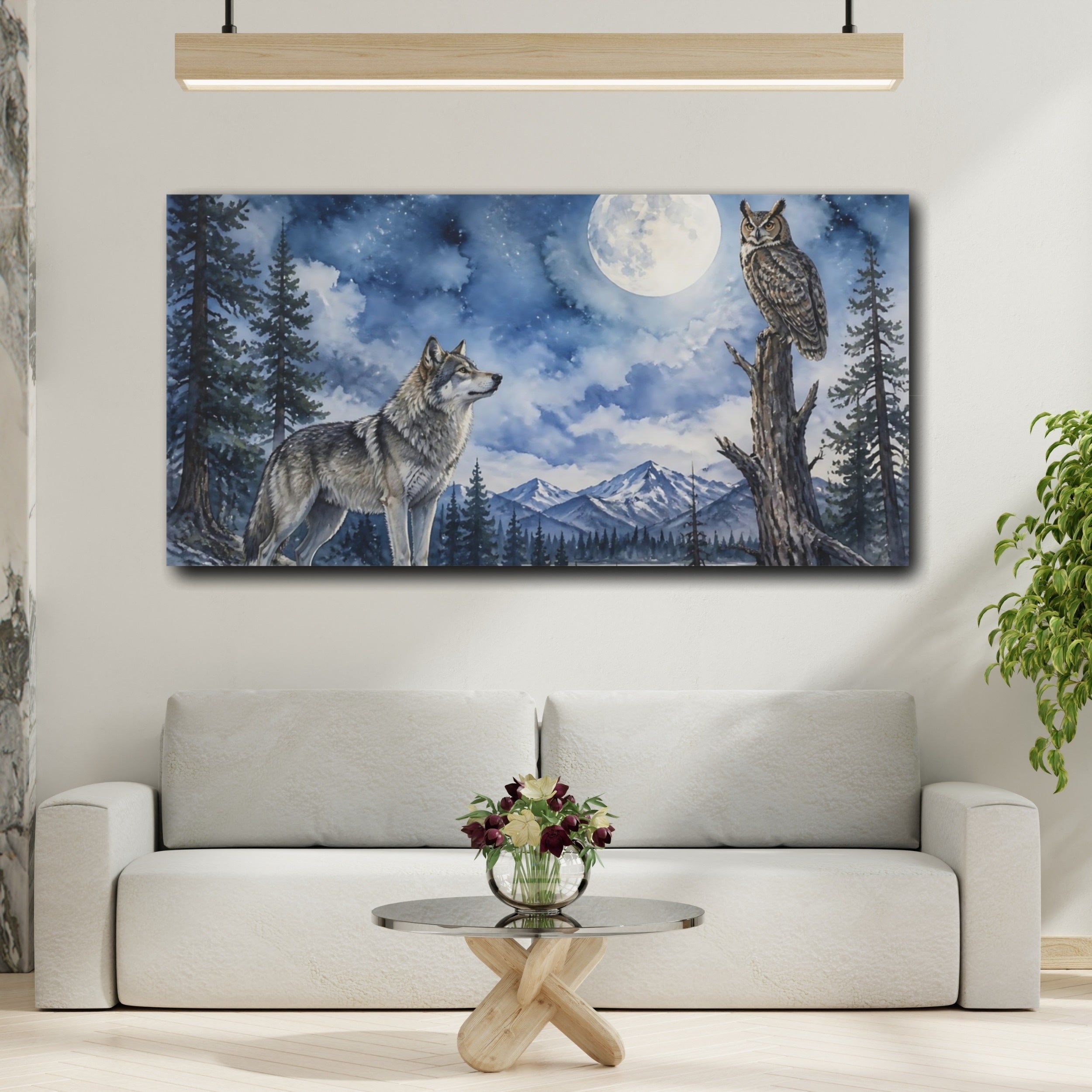 Mockup 2. Animals Moonlit Wolf And Owl shown as canvas print