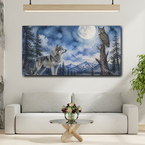 Mockup 2. Animals Moonlit Wolf And Owl shown as canvas print