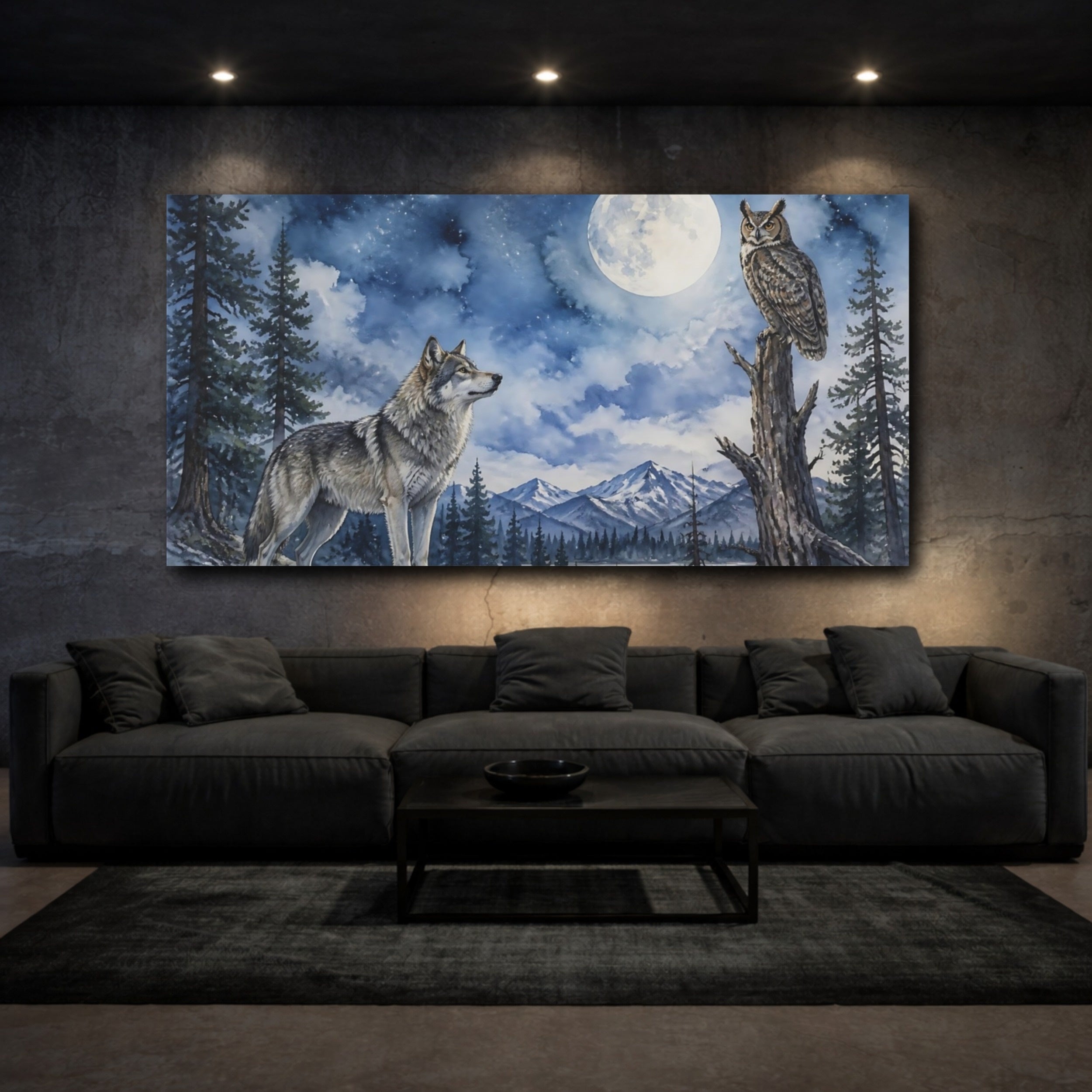 Mockup 3. Animals Moonlit Wolf And Owl shown as canvas print