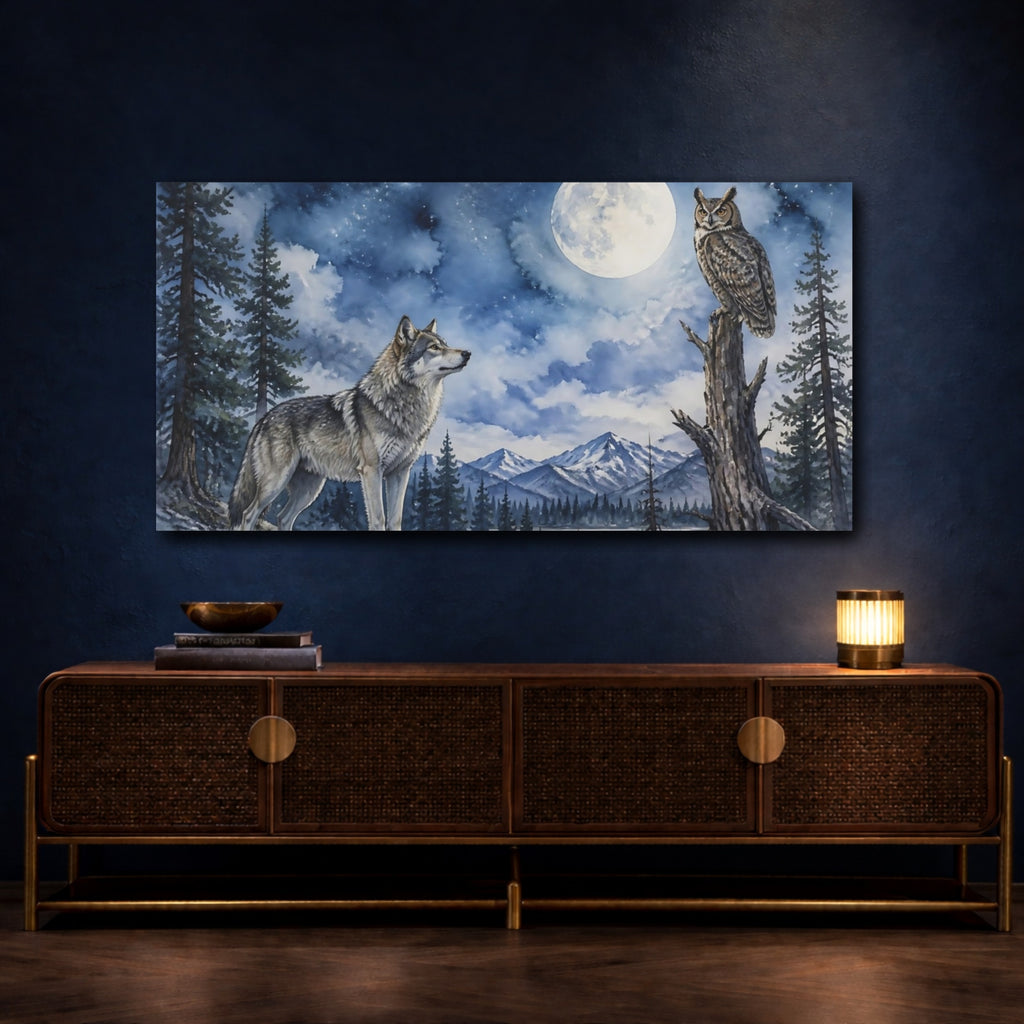 Mockup 4. Animals Moonlit Wolf And Owl shown as canvas print