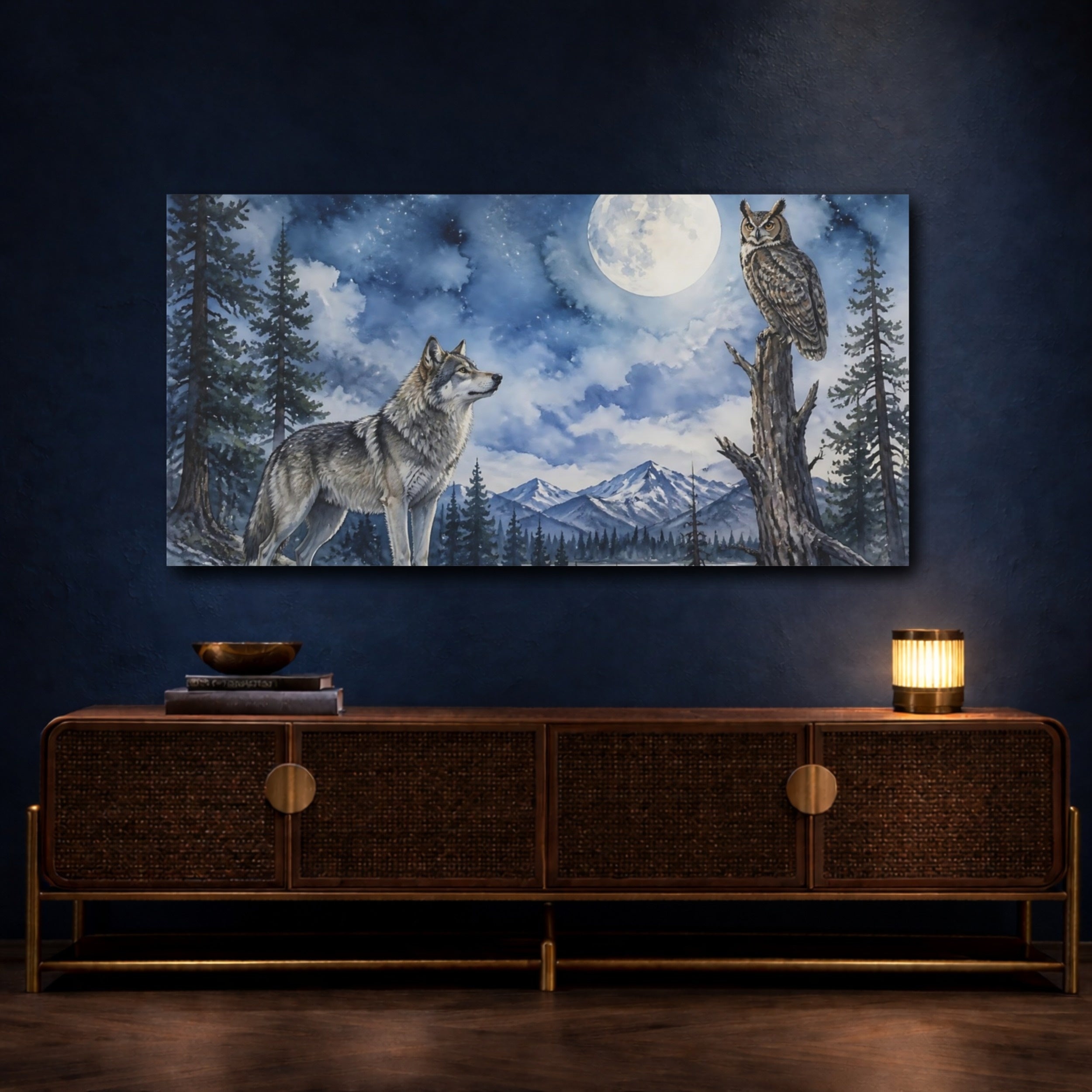 Mockup 4. Animals Moonlit Wolf And Owl shown as canvas print