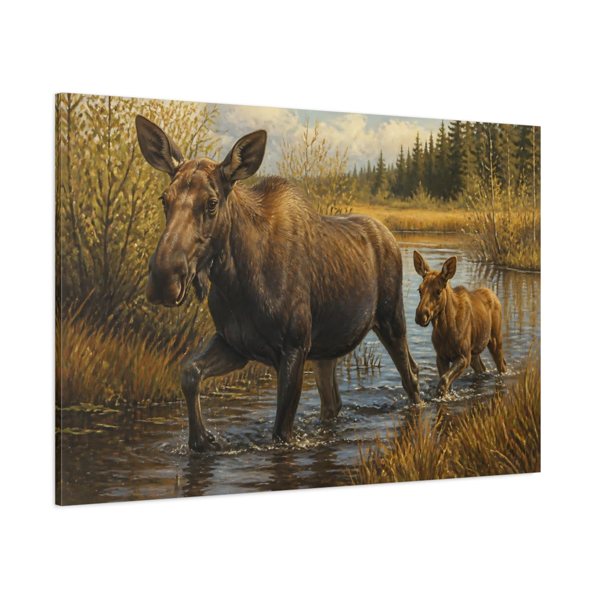 Side Mockup 1. Animals Moose Mother And Calf shown as canvas print