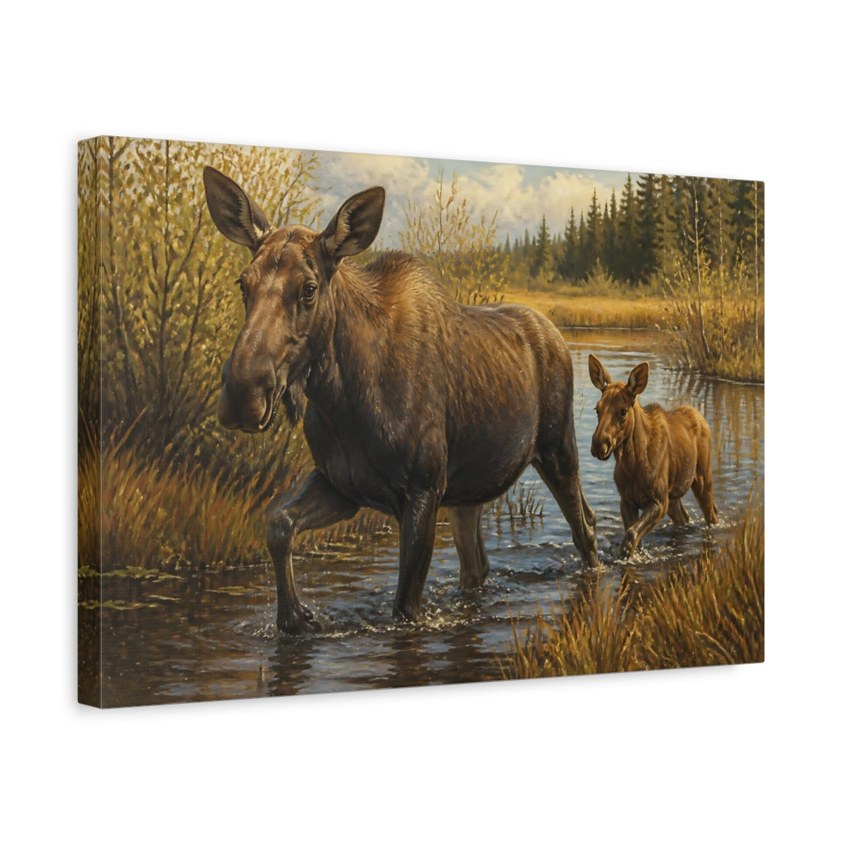 Side Mockup 4. Animals Moose Mother And Calf shown as canvas print