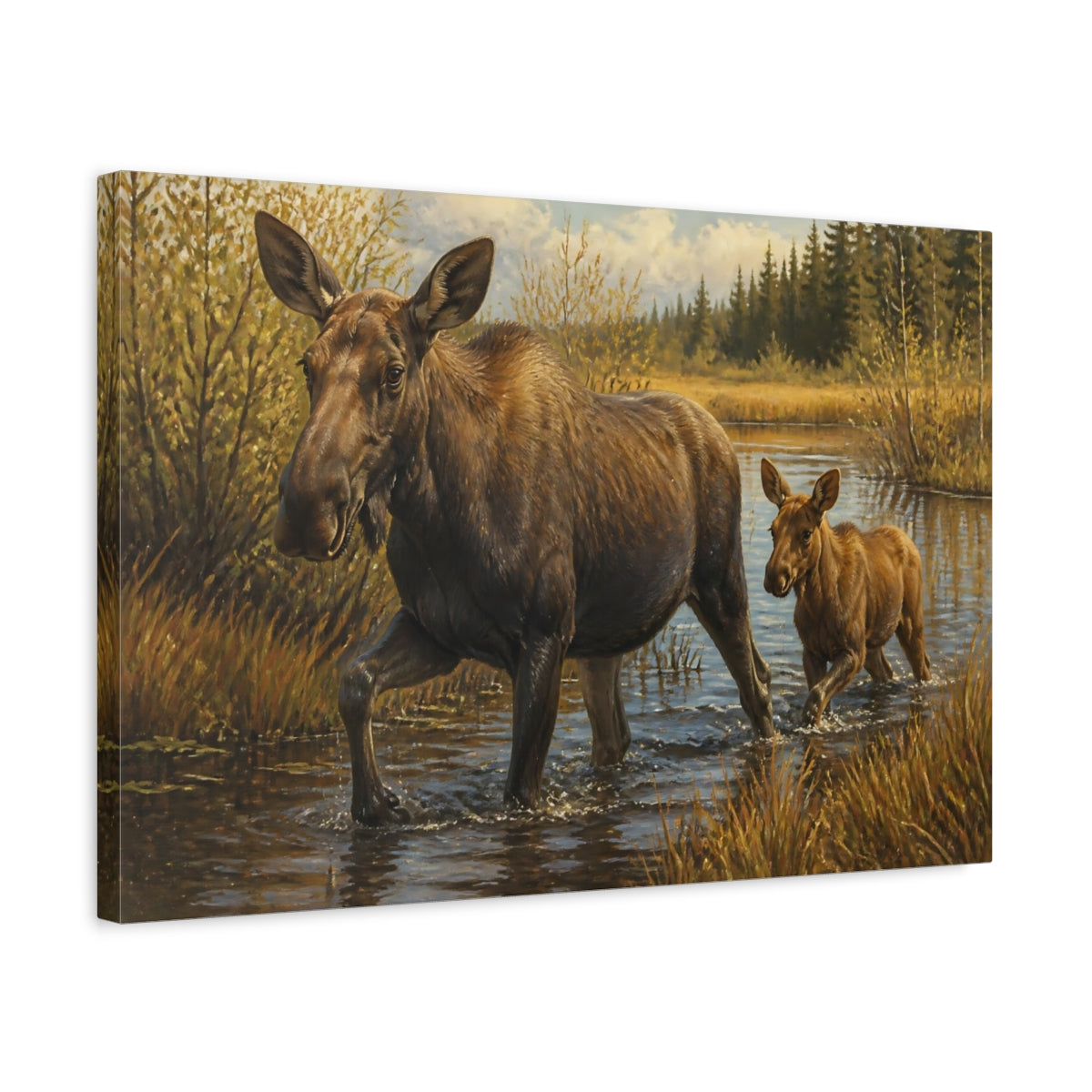 Side Mockup 3. Animals Moose Mother And Calf shown as canvas print