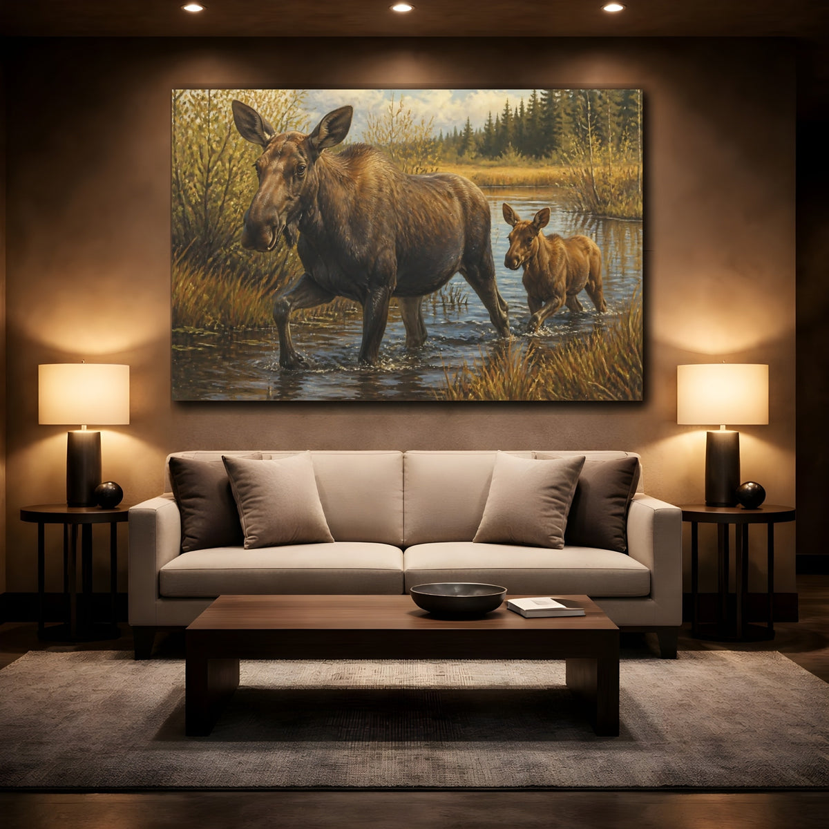 Mockup 2. Animals Moose Mother And Calf shown as canvas print