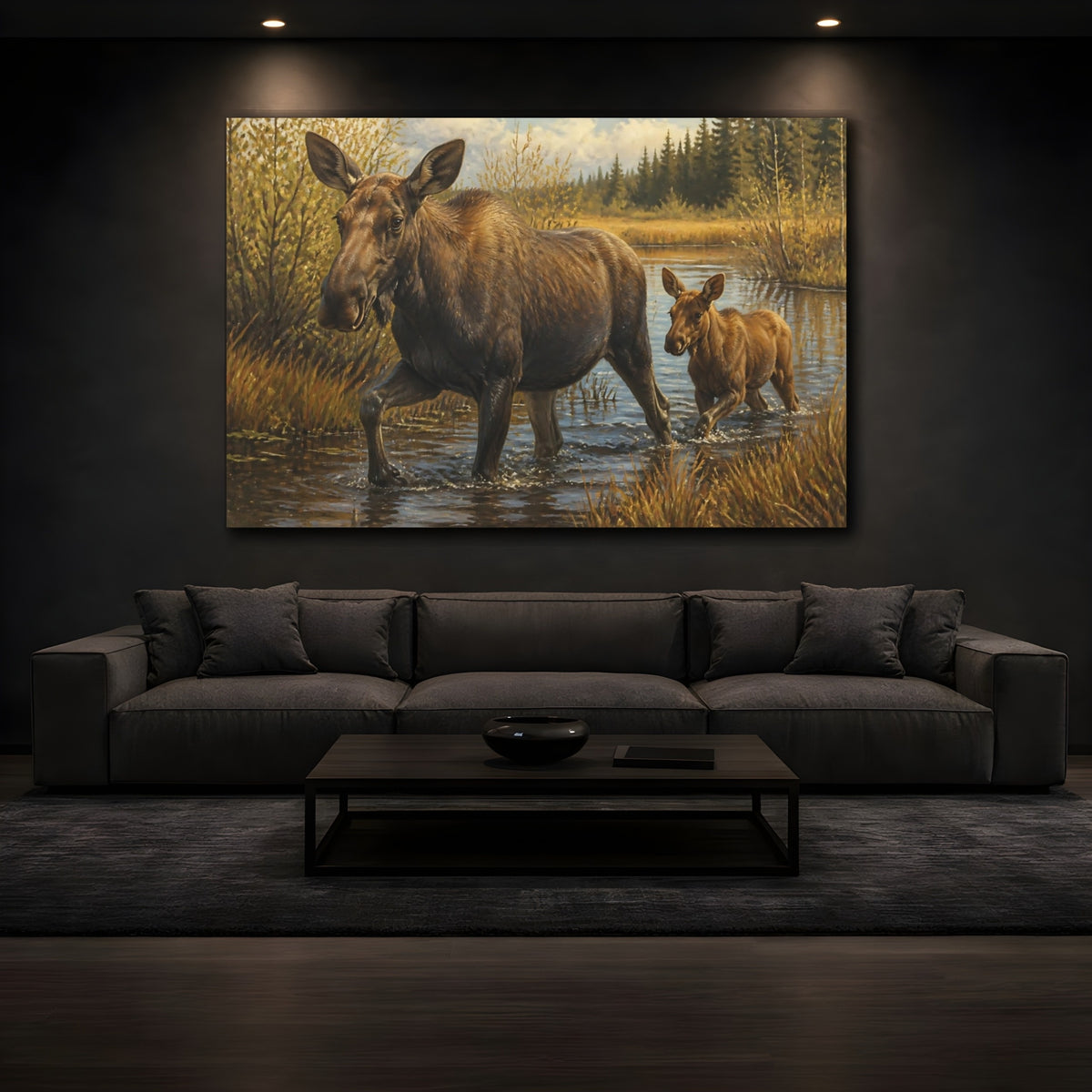Mockup 3. Animals Moose Mother And Calf shown as canvas print