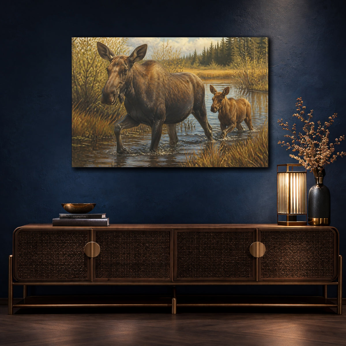 Mockup 4. Animals Moose Mother And Calf shown as canvas print