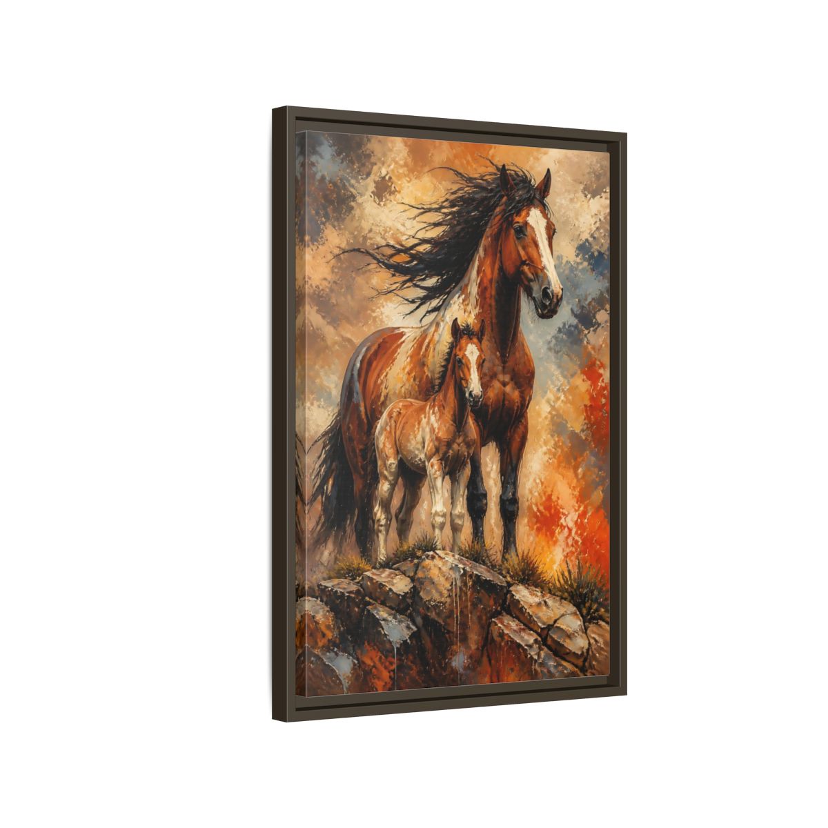 Side Mockup 2. Animals Mustang Mare And Foal shown as framed canvas print