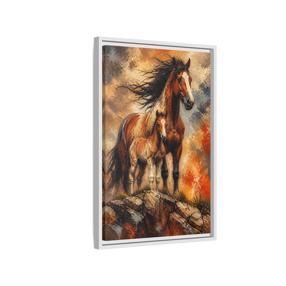 Side Mockup 1. Animals Mustang Mare And Foal shown as framed canvas print