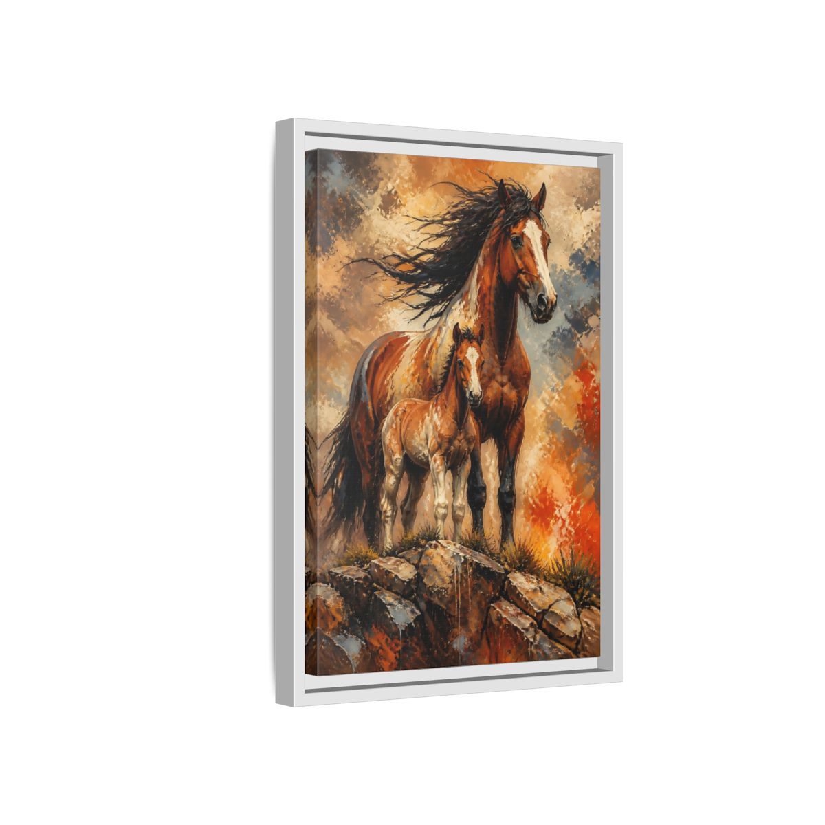 Side Mockup 4. Animals Mustang Mare And Foal shown as framed canvas print