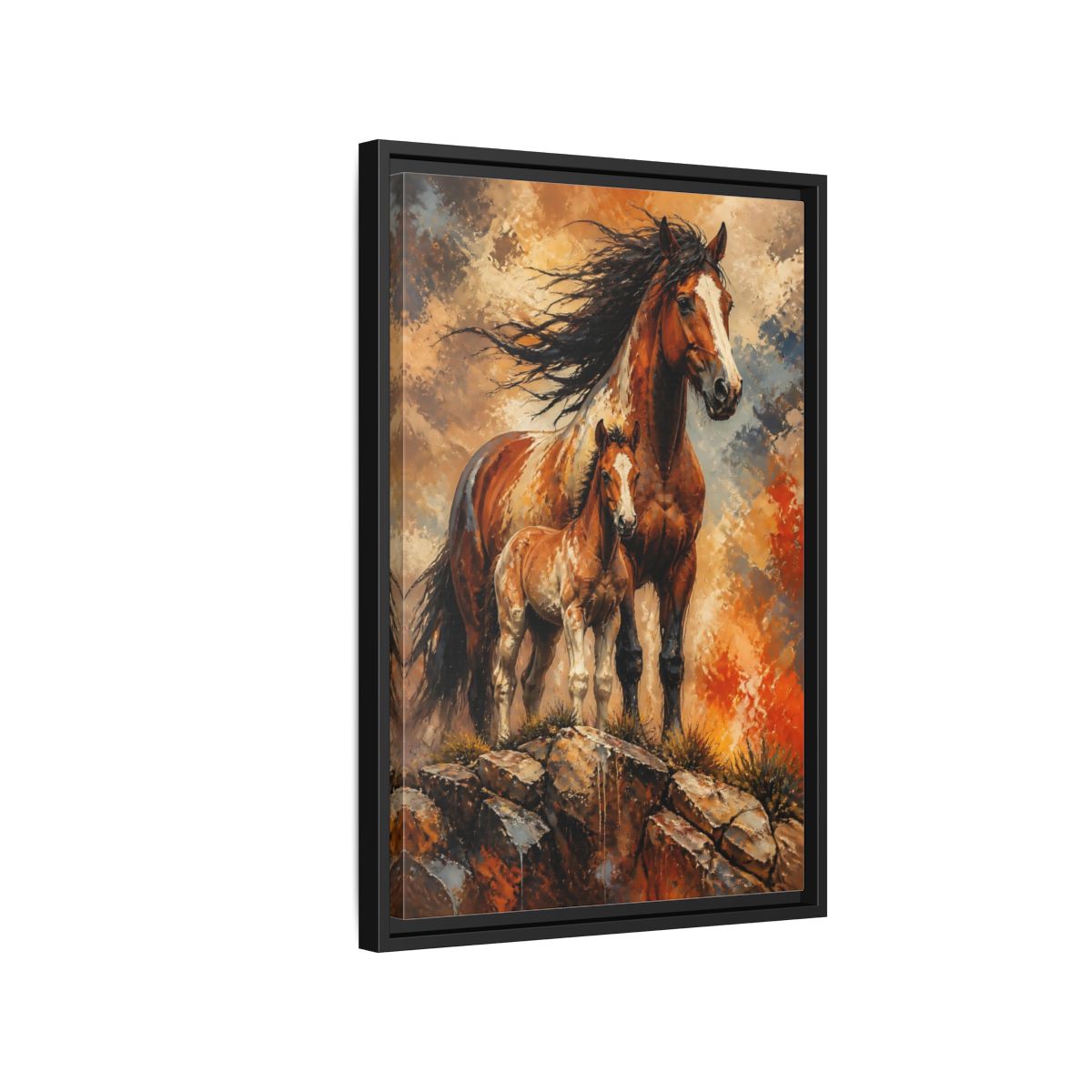 Side Mockup 3. Animals Mustang Mare And Foal shown as framed canvas print
