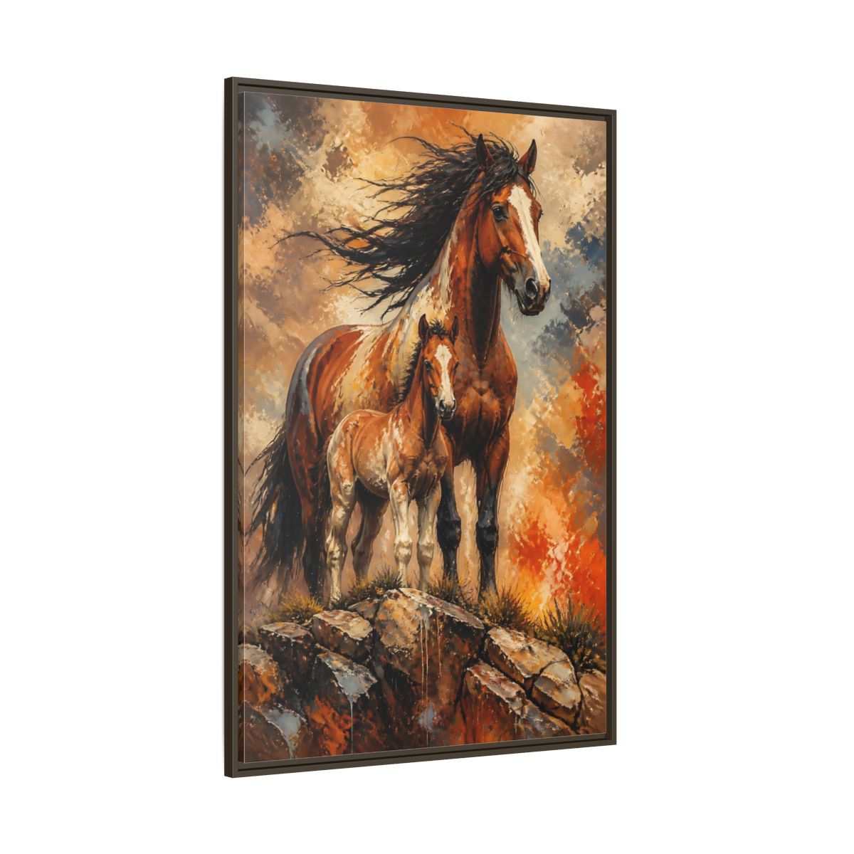 Side Mockup 8. Animals Mustang Mare And Foal shown as framed canvas print