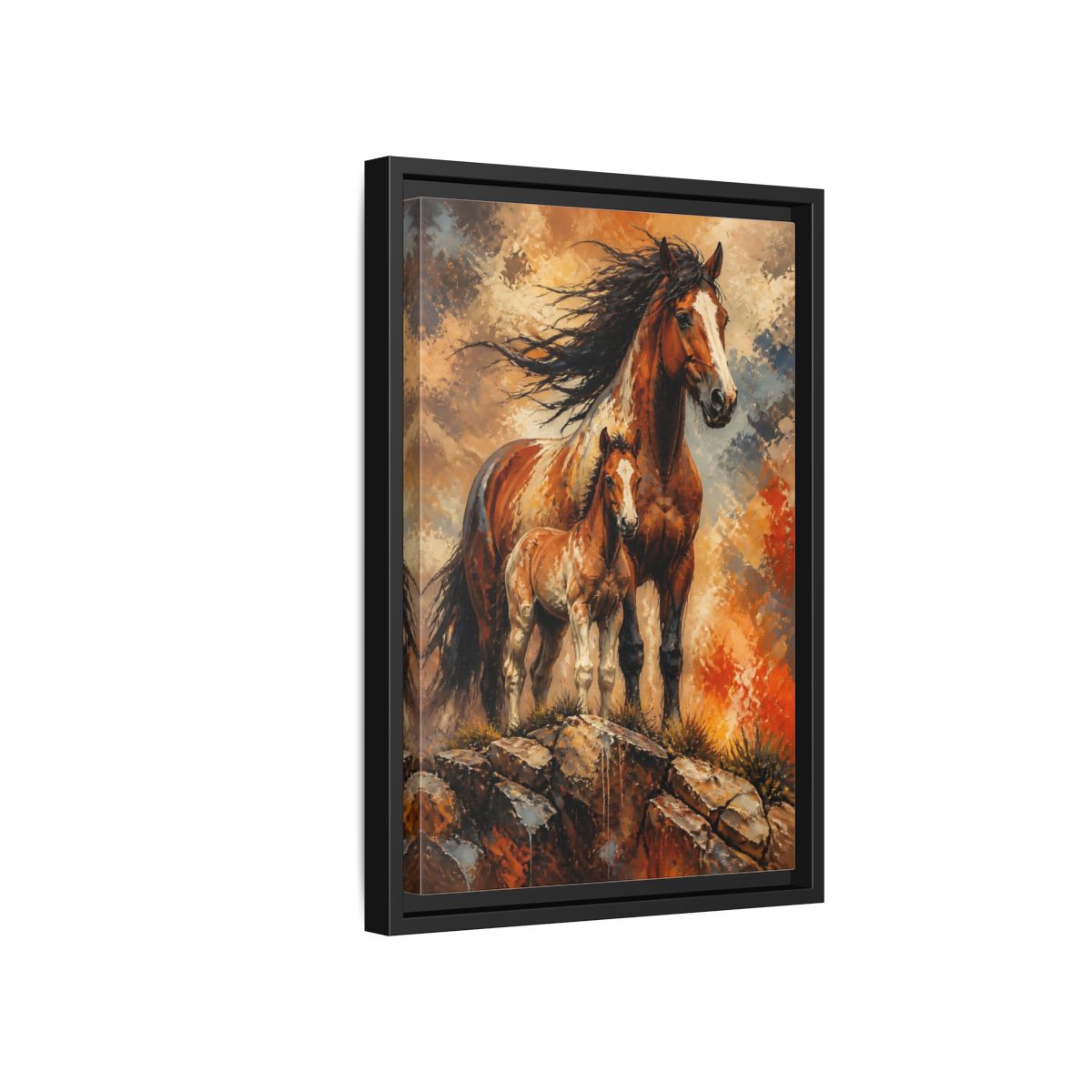 Side Mockup 6. Animals Mustang Mare And Foal shown as framed canvas print