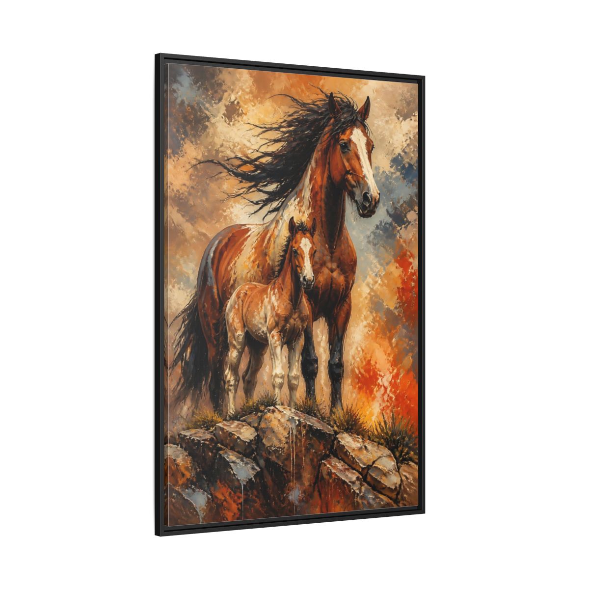 Side Mockup 12. Animals Mustang Mare And Foal shown as framed canvas print