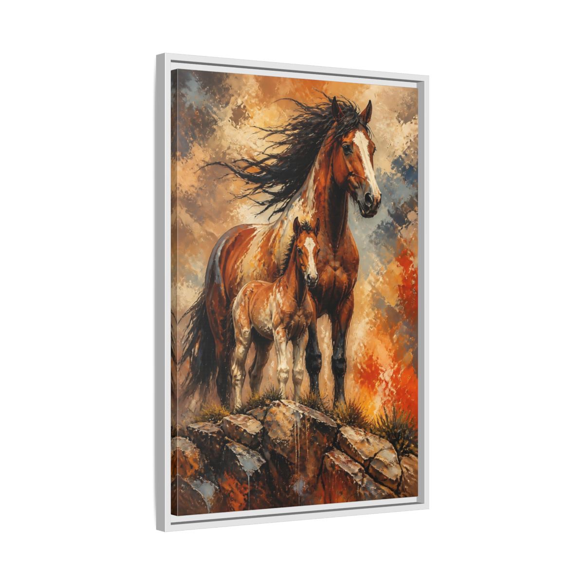 Side Mockup 10. Animals Mustang Mare And Foal shown as framed canvas print
