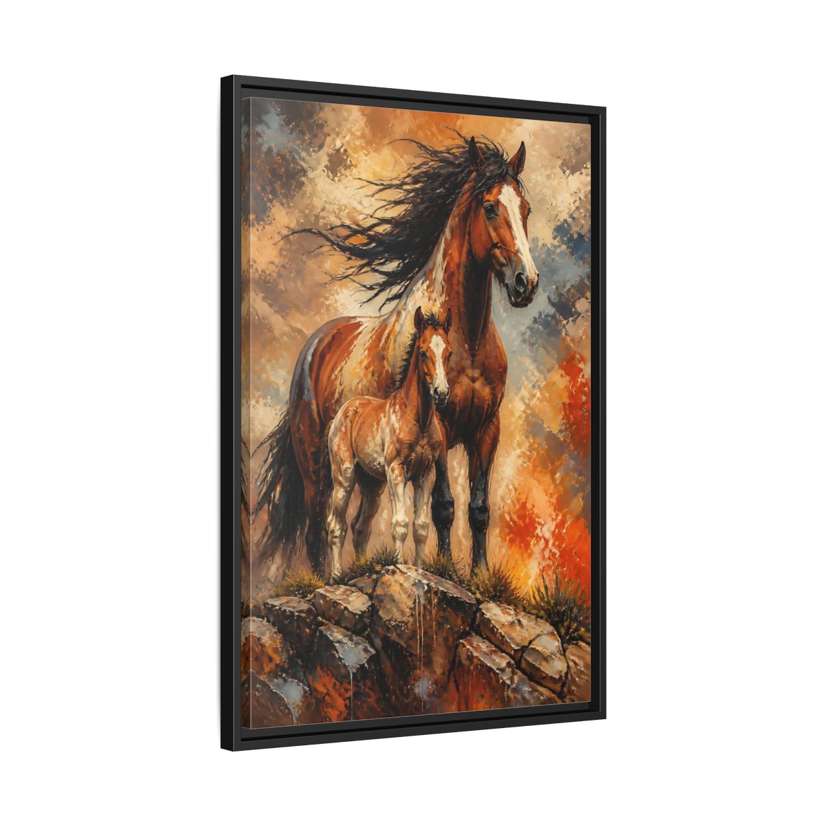 Side Mockup 14. Animals Mustang Mare And Foal shown as framed canvas print