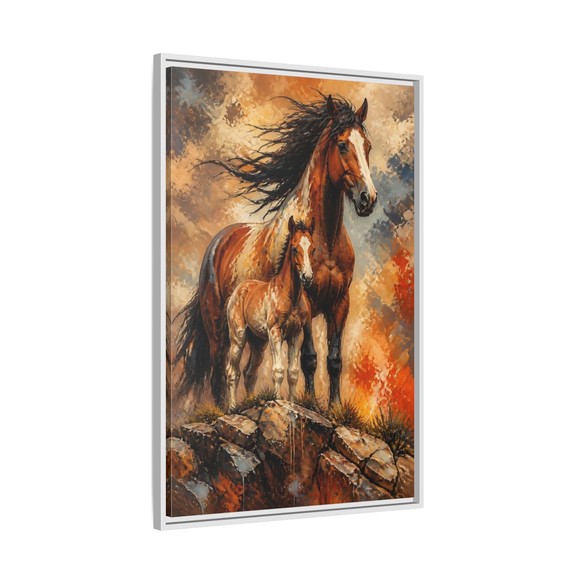 Side Mockup 9. Animals Mustang Mare And Foal shown as framed canvas print