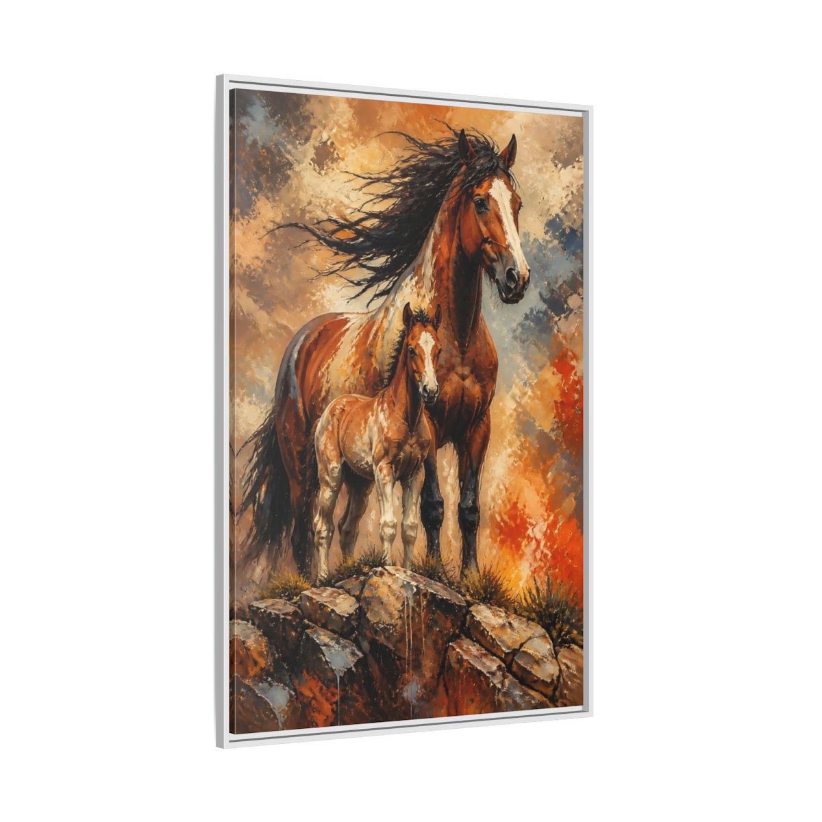 Side Mockup 7. Animals Mustang Mare And Foal shown as framed canvas print