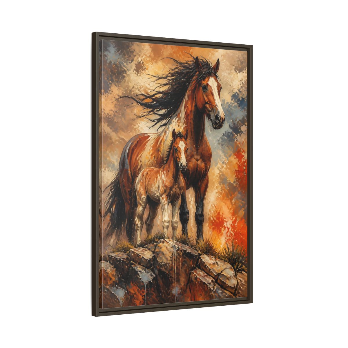 Main Mockup. Animals Mustang Mare And Foal shown as framed canvas print