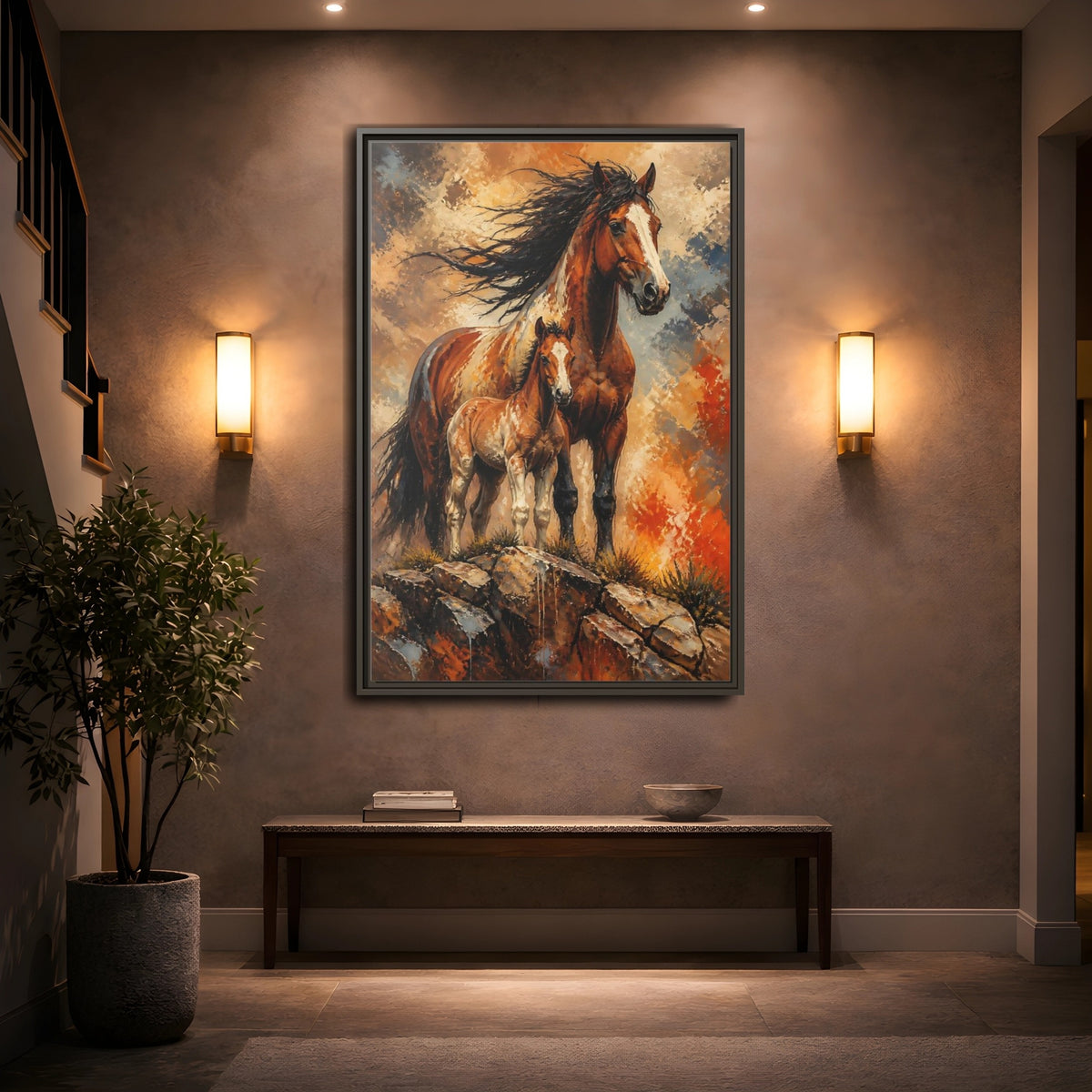 Mockup 2. Animals Mustang Mare And Foal shown as framed canvas print