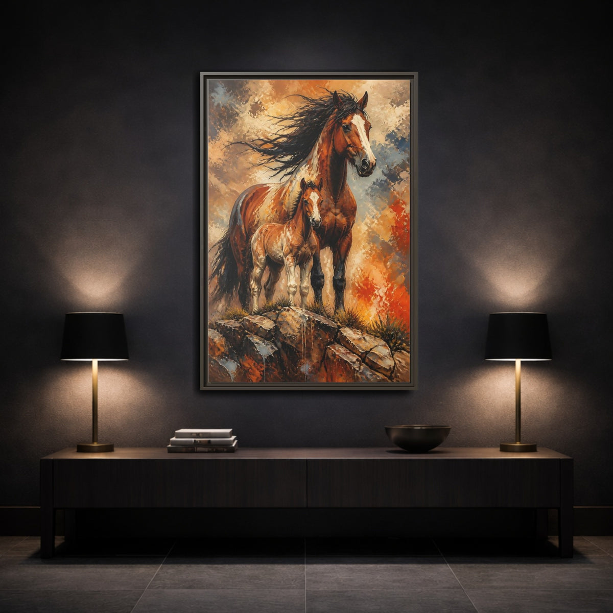 Mockup 3. Animals Mustang Mare And Foal shown as framed canvas print