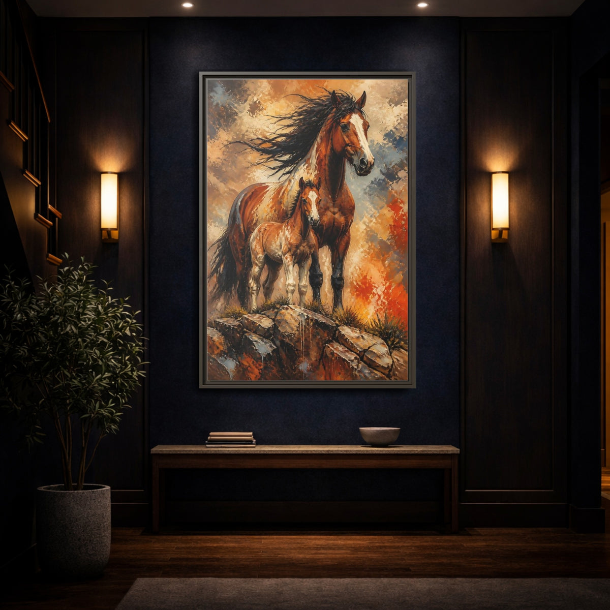 Mockup 4. Animals Mustang Mare And Foal shown as framed canvas print