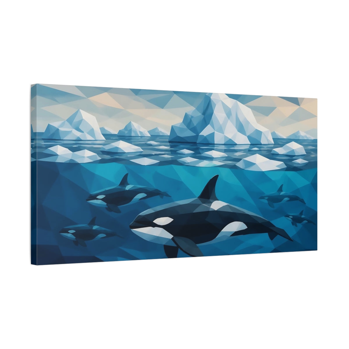 Side Mockup 1. Animals Orca Pod Among Icebergs shown as canvas print
