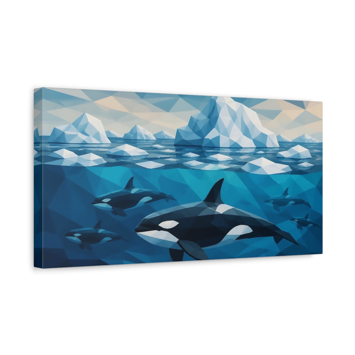 Side Mockup 3. Animals Orca Pod Among Icebergs shown as canvas print