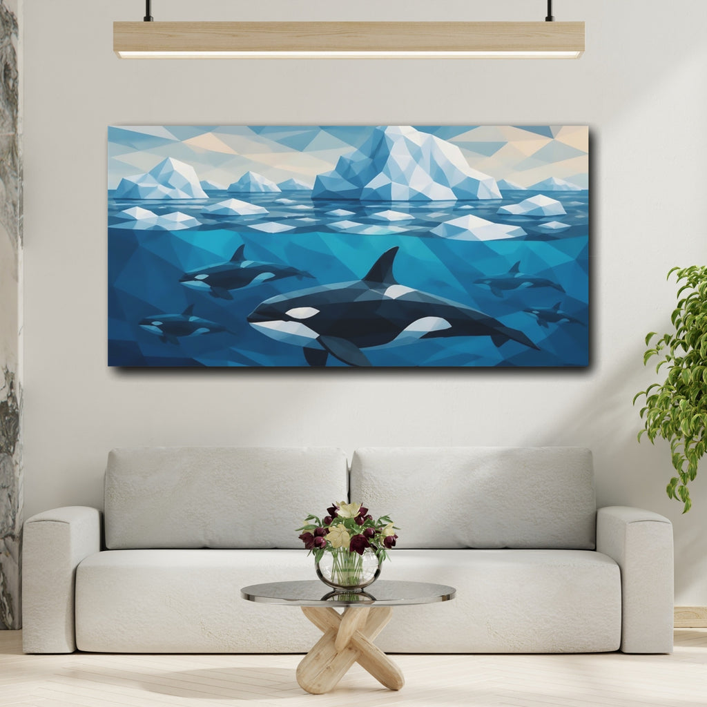 Mockup 2. Animals Orca Pod Among Icebergs shown as canvas print