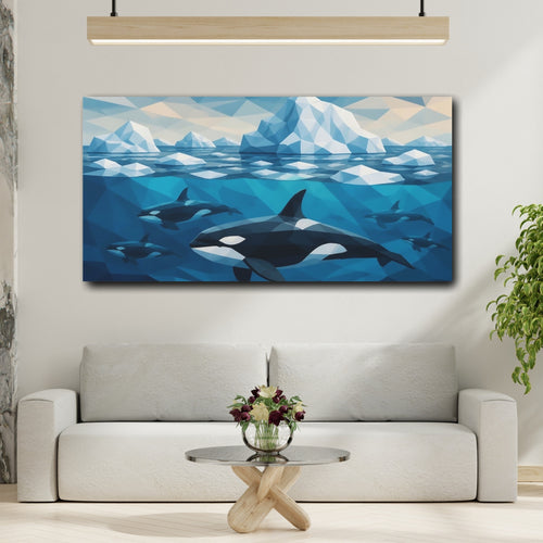 Mockup 2. Animals Orca Pod Among Icebergs shown as canvas print